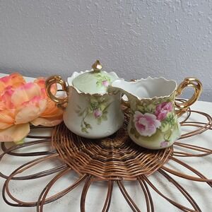 Vintage Lefton China Hand Painted Rose Cream and Sugar Set Gold Trim Japan 3066